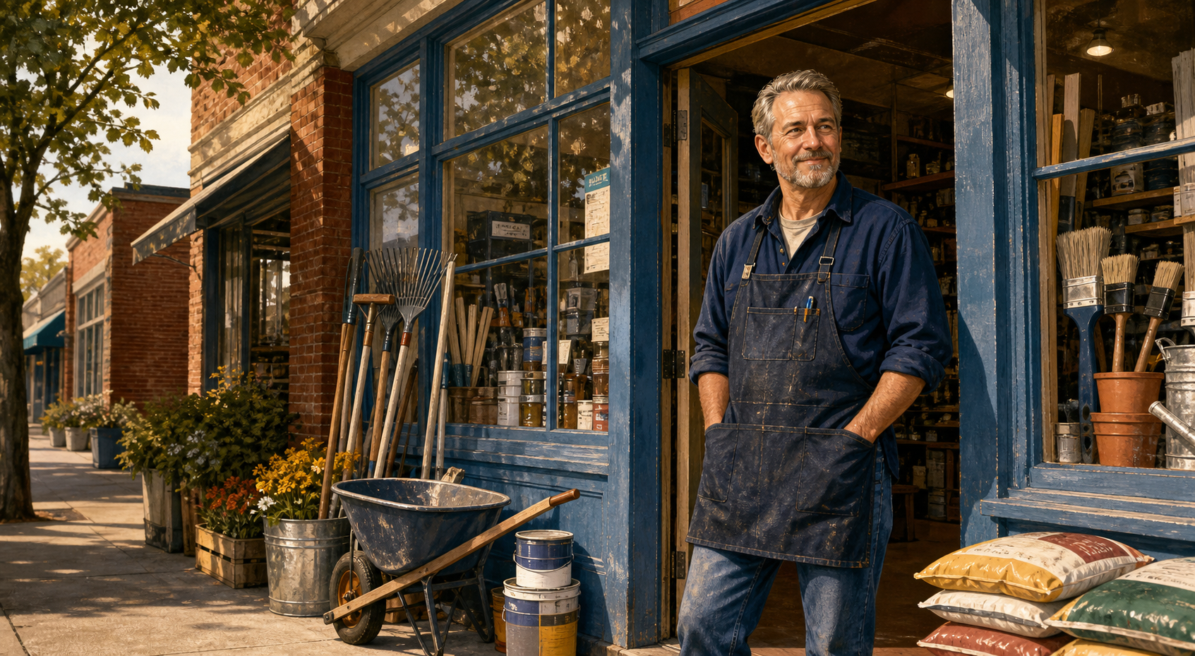 An independent hardware store owner standing in the doorway of his neighborhood store
